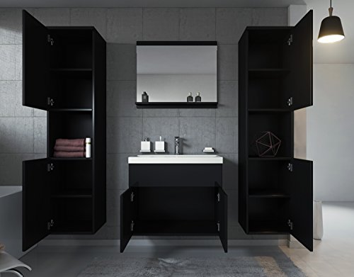 Badezimmer Badmöbel Set Montreal XL 60 cm Waschbecken Schwarz Hochglanz